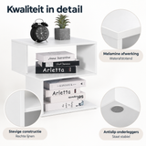 Detail van materiaal en afwerking van wit nachtkastje