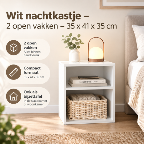 Wit nachtkastje van BukkitBow met 2 open vakken, afmetingen 35x41x35 cm, praktisch en stijlvol voor slaapkamer.