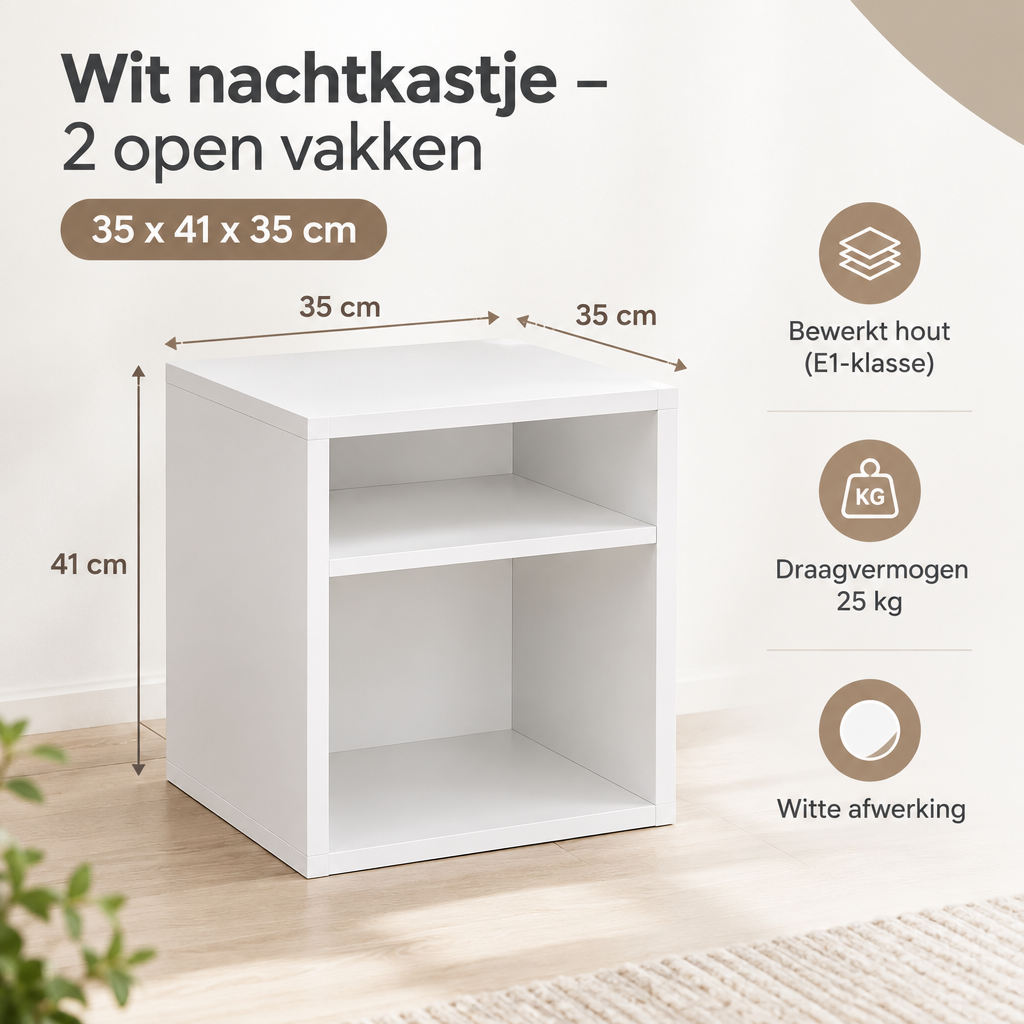 Afmetingen en productspecificaties van wit nachtkastje