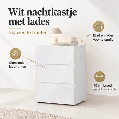 Wit nachtkastje met lades van BukkitBow, glanzende fronten, 40 cm breed, getoond in een slaapkamer.