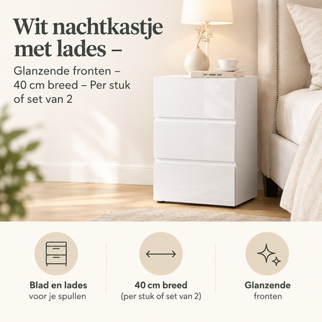 Wit nachtkastje met lades en glanzende fronten van BukkitBow, 40 cm breed, verkrijgbaar per stuk of set van 2.
