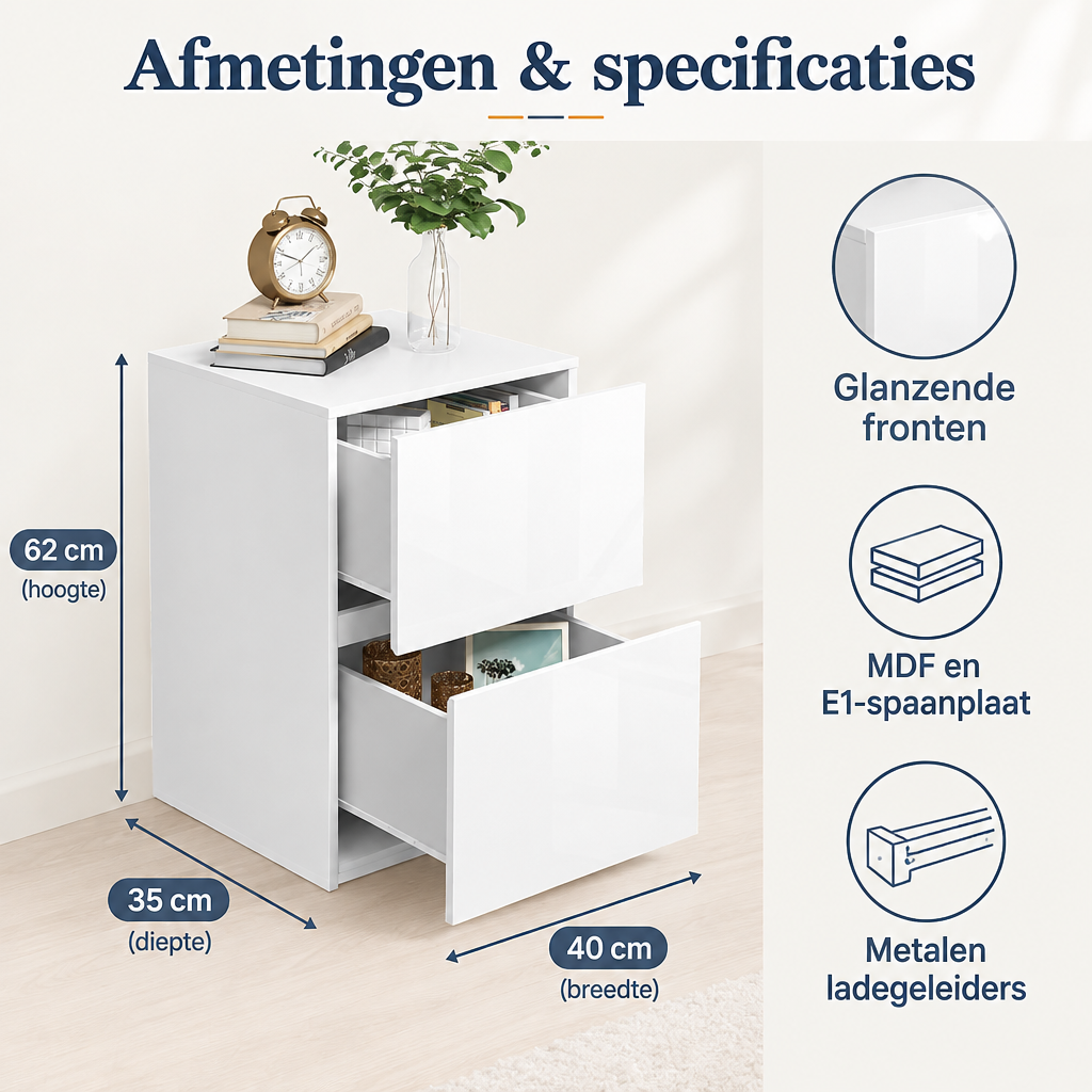 Afmetingen en productspecificaties van wit nachtkastje met lades