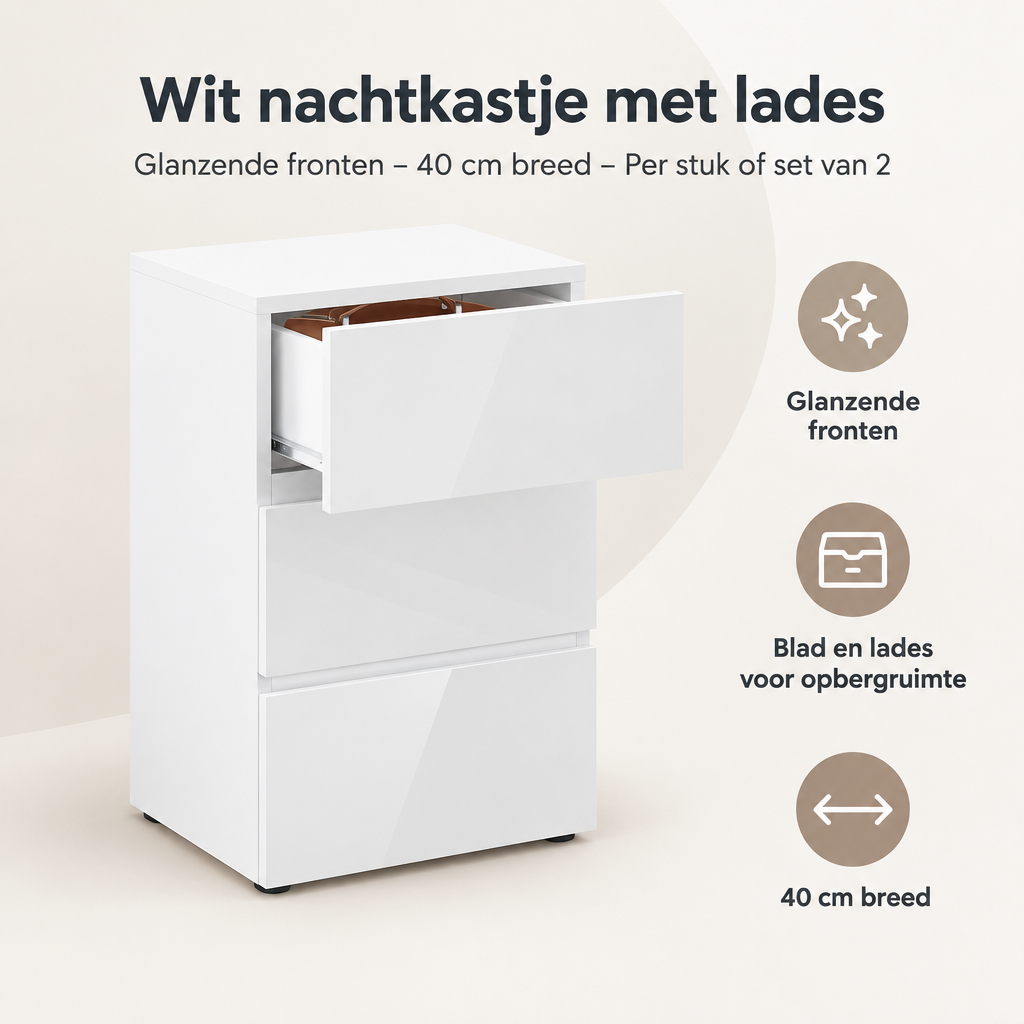 Overzicht van wit nachtkastje met lades met de belangrijkste productvoordelen