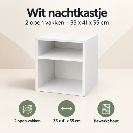 Wit nachtkastje van BukkitBow met twee open vakken, afmetingen 35x41x35 cm, geschikt voor slaapkamer of living.