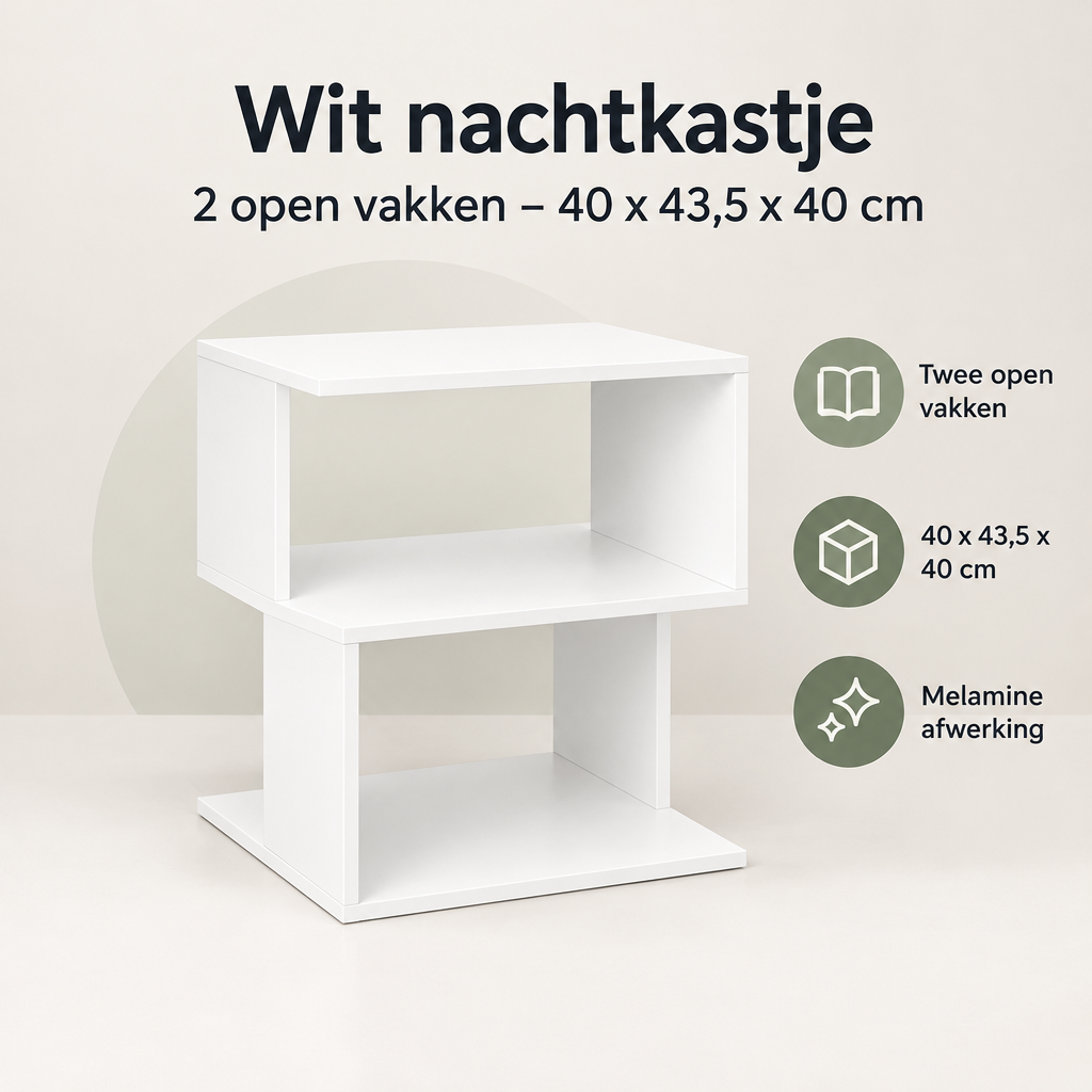 Overzicht van wit nachtkastje met de belangrijkste productvoordelen