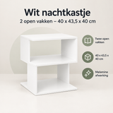 Overzicht van wit nachtkastje met de belangrijkste productvoordelen