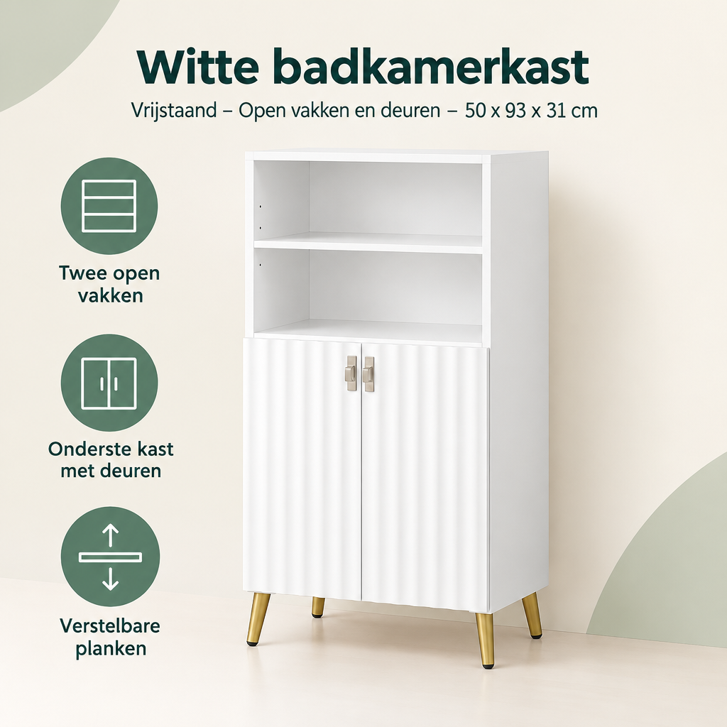 Overzicht van witte badkamerkast met de belangrijkste productvoordelen