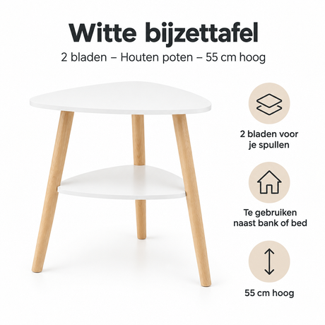 Witte BukkitBow bijzettafel met twee bladen en houten poten, hoogte 55 cm, geschikt voor woonkamer of slaapkamer.