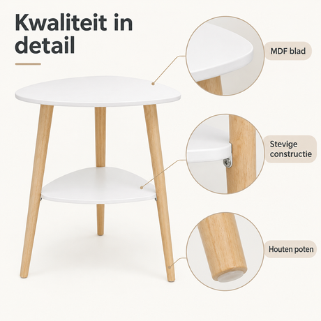 Witte BukkitBow bijzettafel met twee bladen en houten poten, hoogte van 55 cm, detail van het materiaal en ontwerp.