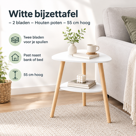 Witte bijzettafel met twee bladen en houten poten, 55 cm hoog, van BukkitBow, geschikt als praktische en stijlvolle tafel.