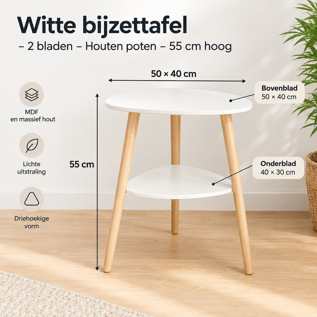Afmetingen en productspecificaties van witte bijzettafel