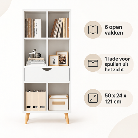 Witte boekenkast met lade van BukkitBow, 6 open vakken en een lade, afmetingen 50x24x121 cm, geschikt voor boeken en accessoires