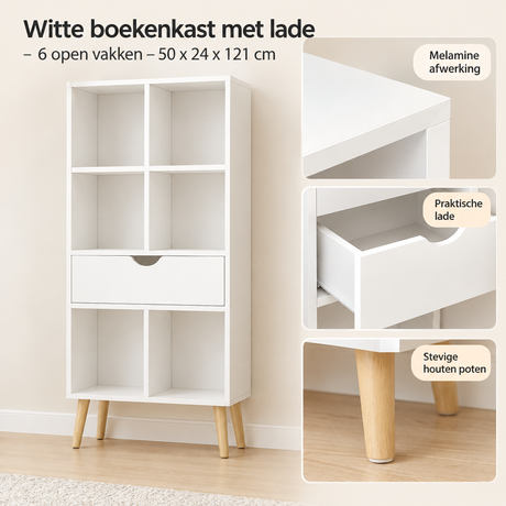 Witte BukkitBow boekenkast met lade en 6 open vakken, afmetingen 50x24x121 cm, gemaakt van stevig materiaal, detail van de constructie.