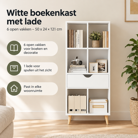 Witte BukkitBow boekenkast met lade en zes open vakken, afmetingen 50x24x121 cm, ideale opbergoplossing voor boeken en decor.