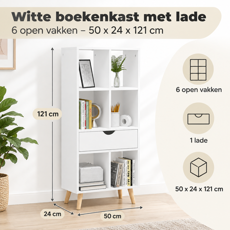 Witte boekenkast van BukkitBow met lade en 6 open vakken, afmetingen 50x24x121 cm, geschikt voor boeken en decoratie.