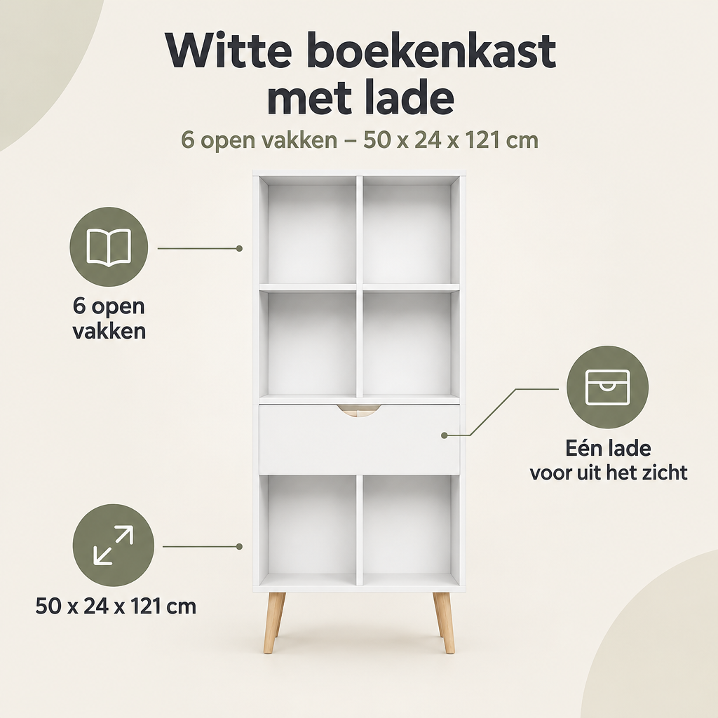 Overzicht van witte boekenkast met lade met de belangrijkste productvoordelen