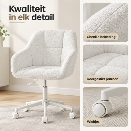 Witte BukkitBow bureaustoel met chenille bekleding, wieltjes en verstelbare zithoogte, geschikt voor kantoor of thuisgebruik.
