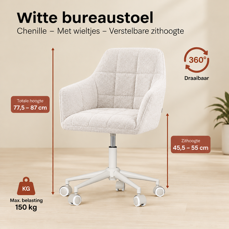 Witte BukkitBow bureaustoel van chenille met wieltjes en verstelbare zithoogte, geschikt voor comfortabel werken.