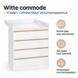 Witte commode van BukkitBow met vier laden en afneembaar verschoonopzetstuk, geschikt voor kinderkamers en praktische opbergruimte