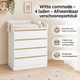 Witte BukkitBow commode met vier laden en afneembaar verschoonopzetstuk, praktische opbergoplossing voor slaapkamers