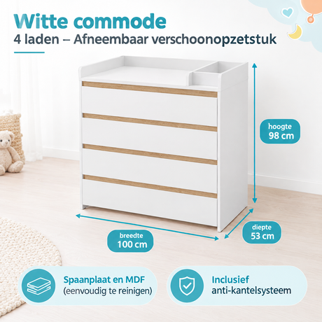 Witte commode van BukkitBow met vier laden en afneembaar verschoonopzetstuk, duidelijke maatvoering en specificaties.