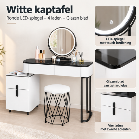 Detail van materiaal en afwerking van witte kaptafel met LED-spiegel
