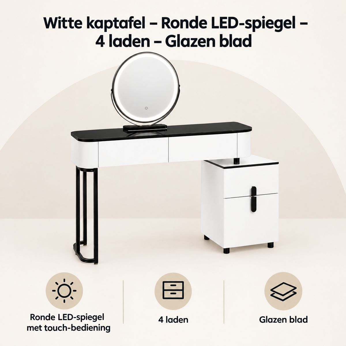 Overzicht van witte kaptafel met LED-spiegel met de belangrijkste productvoordelen