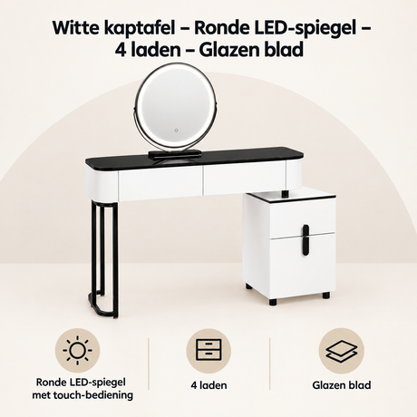 Overzicht van witte kaptafel met LED-spiegel met de belangrijkste productvoordelen