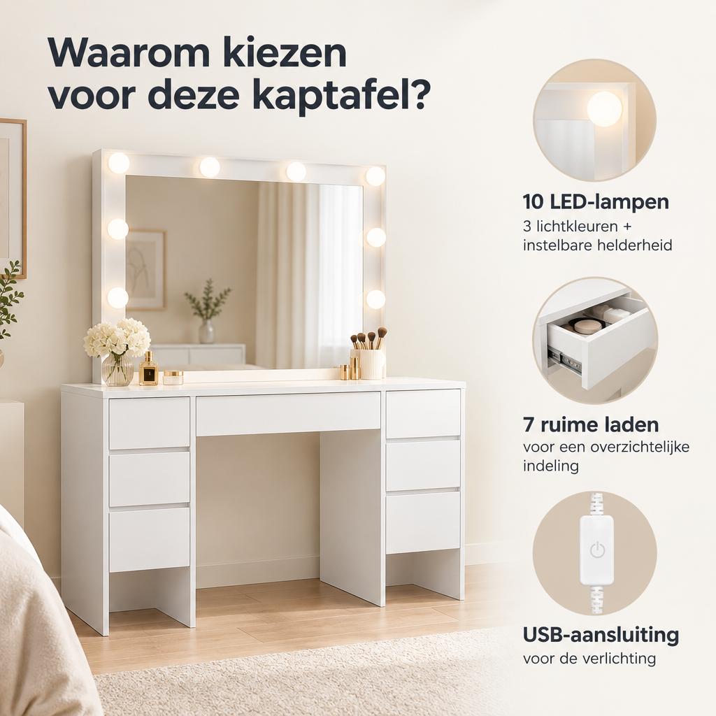 Belangrijkste voordelen en eigenschappen van witte kaptafel met verlichting