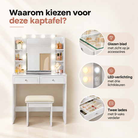 Belangrijkste voordelen en eigenschappen van witte kaptafel met verlichting