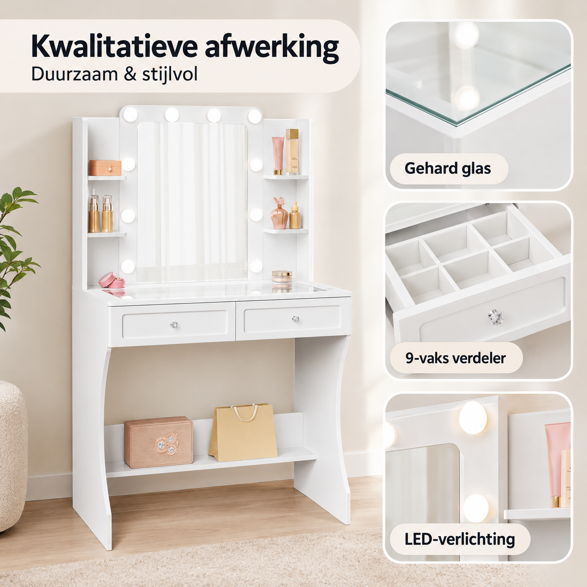 Detail van materiaal en afwerking van witte kaptafel met verlichting