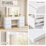 Detail van materiaal en afwerking van witte kaptafel met verlichting