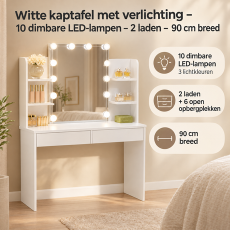 Praktische toepassing en keuzehulp voor witte kaptafel met verlichting