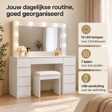 Praktische toepassing en keuzehulp voor witte kaptafel met verlichting