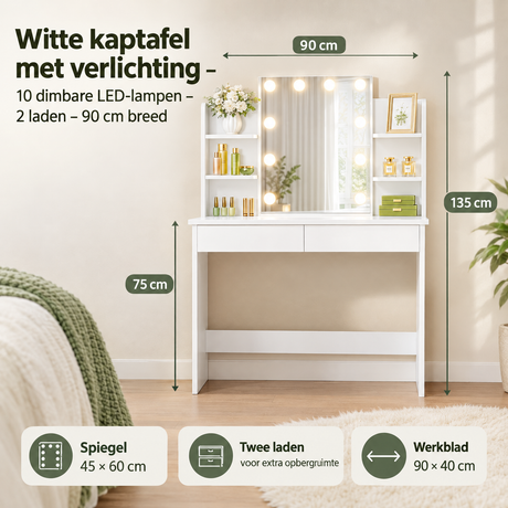 Afmetingen en productspecificaties van witte kaptafel met verlichting