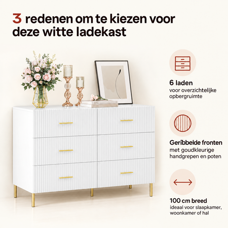 Witte BukkitBow ladekast met 6 laden en goudkleurige details, breedte van 100 cm, elegant en functioneel meubelstuk