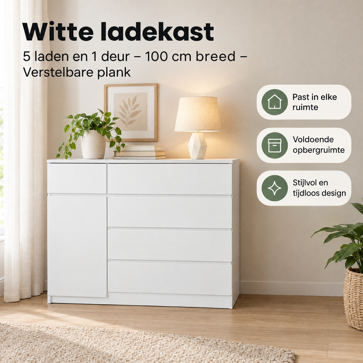 Witte BukkitBow ladekast met 5 laden, 1 deur en verstelbare plank, breedte 100 cm, praktische opbergoplossing.