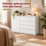 Witte BukkitBow ladekast met 5 laden, 1 deur en verstelbare plank, 100 cm breed, in een moderne woonkamer setting