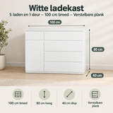 Witte BukkitBow ladekast met 5 laden, 1 deur en verstelbare plank, breedte 100 cm, modern design.