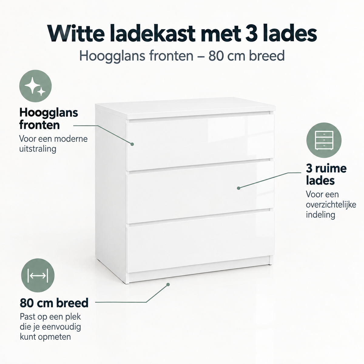 Witte ladekast met 3 lades en hoogglans fronten, 80 cm breed, van BukkitBow, stijlvolle opbergruimte voor in de woonkamer
