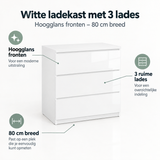 Witte ladekast met 3 lades en hoogglans fronten, 80 cm breed, van BukkitBow, stijlvolle opbergruimte voor in de woonkamer