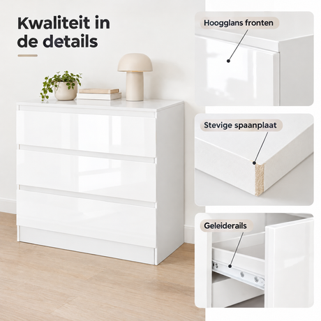 Witte ladekast met 3 lades en hoogglans fronten, 80 cm breed, van BukkitBow, detail van de materialen en afwerking.