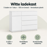 Witte ladekast van BukkitBow met 5 laden, 1 deur en verstelbare plank, breedte 100 cm, modern en functioneel meubel.