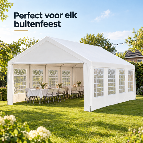 witte partytent met zijwanden in gebruik in een passende praktijksituatie