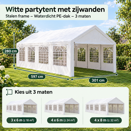 Afmetingen en productspecificaties van witte partytent met zijwanden
