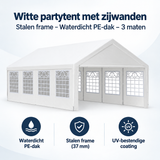 Overzicht van witte partytent met zijwanden met de belangrijkste productvoordelen