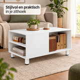 Witte salontafel met opbergruimte en open vakken, 90x50x45 cm, stijlvol meubelstuk van BukkitBow voor in de woonkamer