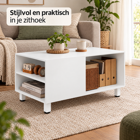 Witte salontafel met opbergruimte en open vakken, 90x50x45 cm, stijlvol meubelstuk van BukkitBow voor in de woonkamer