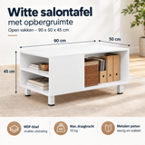 Witte salontafel van BukkitBow met opbergruimte en open vakken, afmetingen 90x50x45 cm, modern design, houten afwerking.