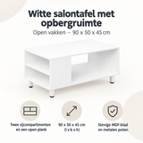 Witte salontafel van BukkitBow met opbergruimte en open vakken, afmetingen 90 x 50 x 45 cm, modern en functioneel design